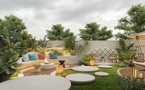 Courtyard landscape plant home courtyard villa courtyard outdoor sofa cream wind courtyard 3d model