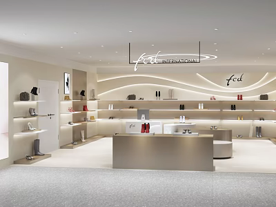 Modern Mall Store Interior With Display Shelves Product Displays And Checkout Counter Lighting Design 3d model