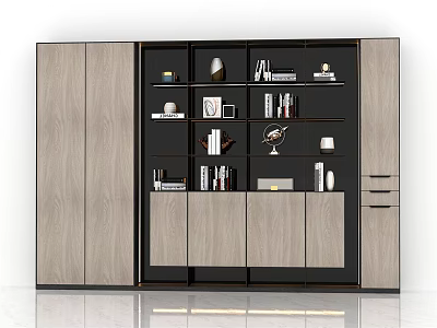 Modern Wooden Bookcase With Black Finish Shelves Books Decorative Items Cabinet Doors Drawers 3d model