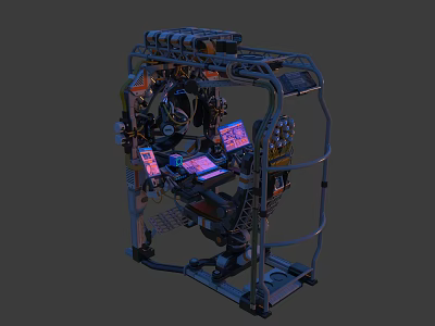 Advanced Mechanical Workstation Featuring Metal Frame Multiple Screens And Control Panels 3d model