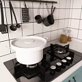 Modern White and Teal Kitchen Cabinets with Tiled Walls and Cooking Utensils