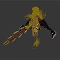 Fantasy Woman in Black Dress Red Cape Feather Accents Holding Glowing Red and Blue Longsword