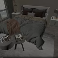 Modern Double Bed with Grey Headboard Brown Beige Bedding Nightstands and Green View