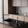 Modern Kitchen Sink Design With Black Countertop Marble Backsplash Faucet And Cabinets