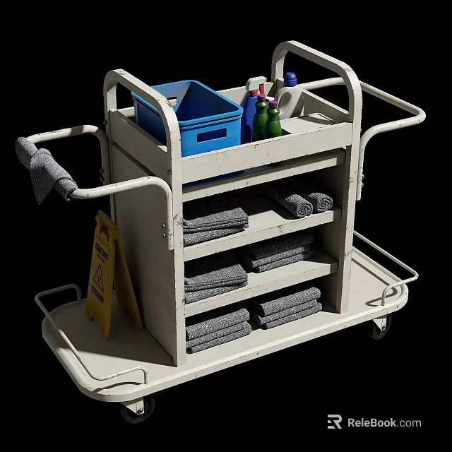 Cleaning Cart With Multiple Shelves Towels Cleaning Supplies And Caution Sign 3d model 