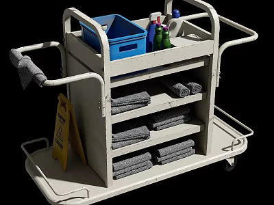 Cleaning Cart With Multiple Shelves Towels Cleaning Supplies And Caution Sign 3d model