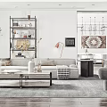 Modern Living Room Interior With Gray Sofa Wooden Coffee Table Metal Floor Lamp And Decorative Painting