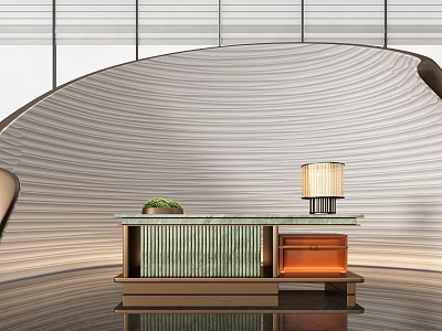 Modern Reception Desk With Glass Countertop Wooden Frame And Table Lamp On Striped Wall 3d model