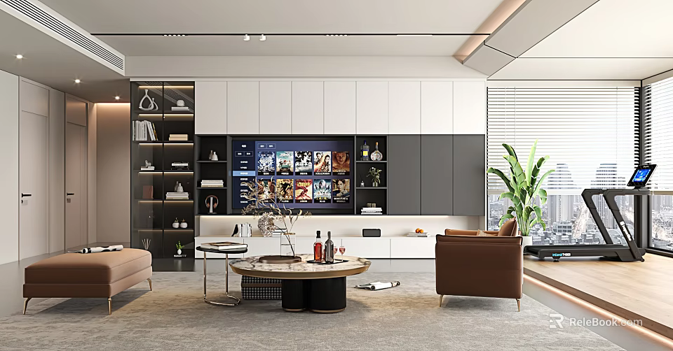Modern Living Room Interior With TV Wall White Gray Cabinetry Brown Chair And Coffee Table 3d model 