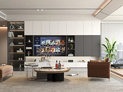 Modern Living Room Interior With TV Wall White Gray Cabinetry Brown Chair And Coffee Table 3d model