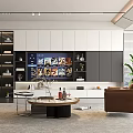 Modern Living Room Interior With TV Wall White Gray Cabinetry Brown Chair And Coffee Table