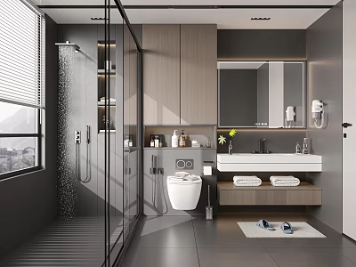 Modern Bathroom Interior Design With Glass Shower Toilet Vanity Mirror And Gray Tiles 3d model