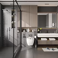 Modern Bathroom Interior Design With Glass Shower Toilet Vanity Mirror And Gray Tiles