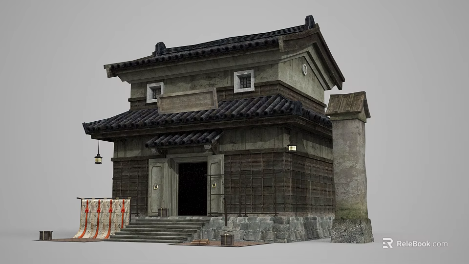 Ancient Traditional Building Featuring Black Tiled Roof Overhanging Eaves Stone Steps And Hanging Lanterns 3d model 