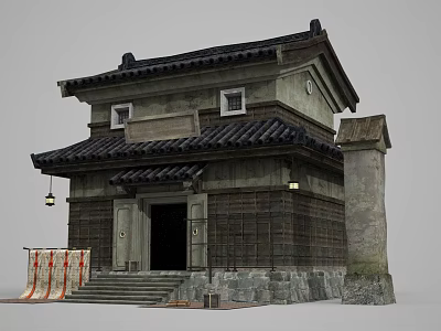 Ancient Traditional Building Featuring Black Tiled Roof Overhanging Eaves Stone Steps And Hanging Lanterns 3d model