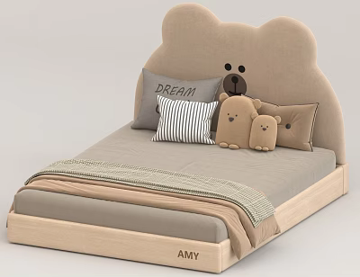 Cute Double Bed with Bear Ear Headboard DREAM Pillow and Teddy Bear Toys 3d model