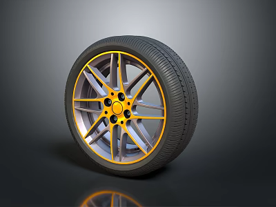 Car Wheel Tire With Yellow Silver Alloy Rim Black Rubber Automotive Part 3d model