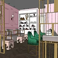 Modern Beauty and Hair Salon Interior With Marble Counter Golden Frames and Pink Purple Walls