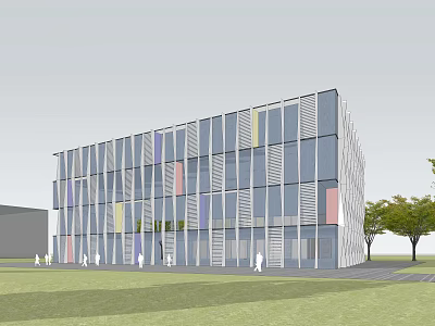 Modern Office Building With Glass Curtain Wall Colorful Stripes Green Grass And Trees 3d model