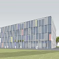 Modern Office Building With Glass Curtain Wall Colorful Stripes Green Grass And Trees