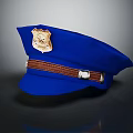 Blue Police Hat With Gold Badge And Brown Leather Strap Design