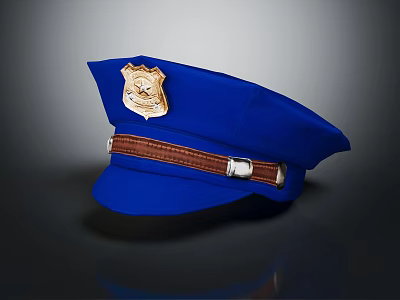 Blue Police Hat With Gold Badge And Brown Leather Strap Design 3d model