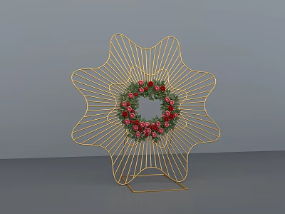 Elegant Gold Star Shaped Metal Decorative Ornament Set with Wreath Red Pink Flowers Green Leaves 3d model