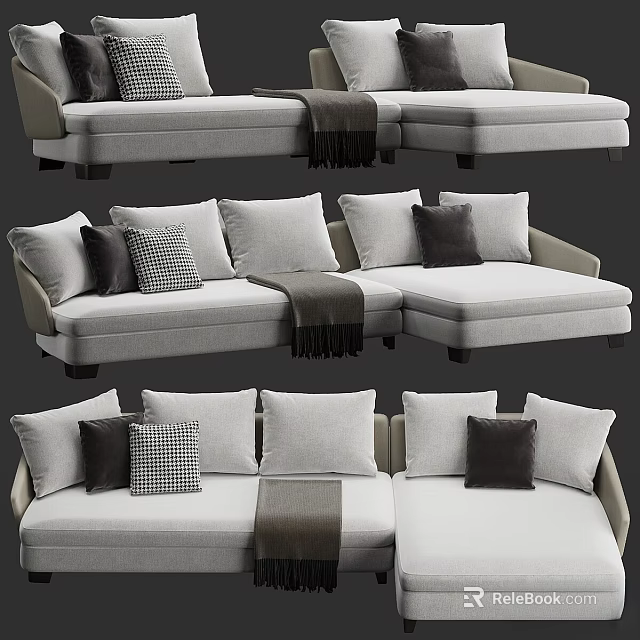 Gray L Shaped Sofa Interior With Plaid And Solid Color Pillows And Throw Blanket 3d model