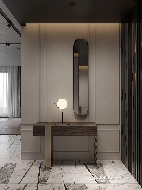 Minimalist Entryway Interior With Oval Mirror Wooden Console Table And Round Lamp 3d model 