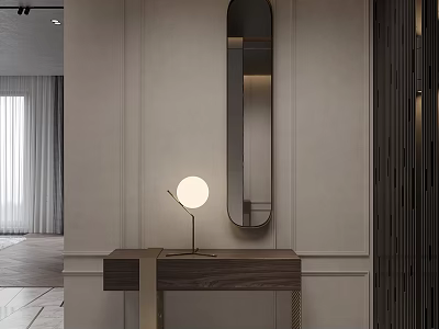 Minimalist Entryway Interior With Oval Mirror Wooden Console Table And Round Lamp 3d model