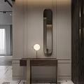 Minimalist Entryway Interior With Oval Mirror Wooden Console Table And Round Lamp