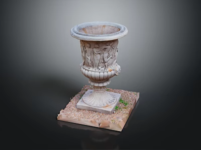 Small Grass Plants In Carved Stone Planter On Square Base With Pebbles 3d model