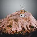 Natural Wooden Tree Stump With White Lantern Fallen Leaves And Grass