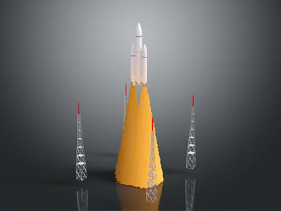 Space Rocket Launch Liftoff With Flaming Exhaust And Support Towers 3d model