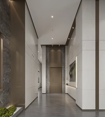 Modern Elevator Corridor With Marble Walls Wooden Doors Recessed Lighting And Decorative Painting 3d model