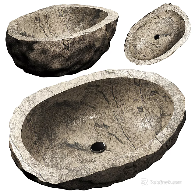 Natural Stone Washbasin with Irregular Shape and Textured Surface for Rustic Bathroom Decor 3d model 