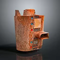 Abstract Rustic Textured Sculpture With Colorful Square Elements And Protruding Opening
