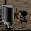 Heavy Duty Industrial Equipment Featuring White Silos Yellow Forklift And Gray Drums At Construction Site