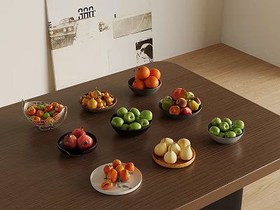 Various Fresh Fruits Arranged In Bowls And Plates On Wooden Table 3d model