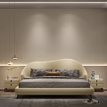 Modern Double Bed with Beige Upholstered Headboard Patterned Pillows Nightstands Table Lamps and Gray Rug