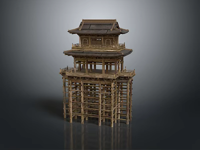 Traditional Wooden Tower Model With Multi Level Structure And Intricate Architectural Design 3d model