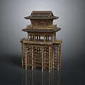 Traditional Wooden Tower Model With Multi Level Structure And Intricate Architectural Design