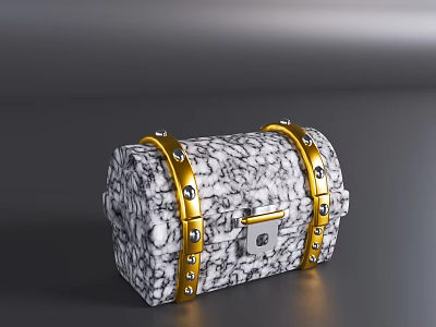 Decorative Chest with Black and White Marble Texture Golden Straps Rivets and Silver Lock 3d model