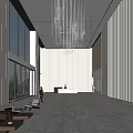 Modern Front Desk Reception Lobby With Large Windows Decorative Chandelier And Sofa Seating 3d model
