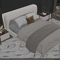 Modern Double Bed With Woven Headboard Plush Pillows Bedside Tables Vase Flowers Geometric Rug