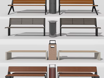 Outdoor Wooden Benches With Various Designs And Matching Trash Bins 3d model
