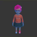 Cute Smiling Child With Brown Hair In Red Sweater Green Skirt And Red Shoes