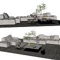 Modern Light Colored Sofa With Cushions And Black Coffee Table Set On Patterned Rug 3d model
