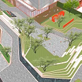 Modern Garden Landscape With Curved Water Feature Lawn Trees Paved Walkway And Stone Seating