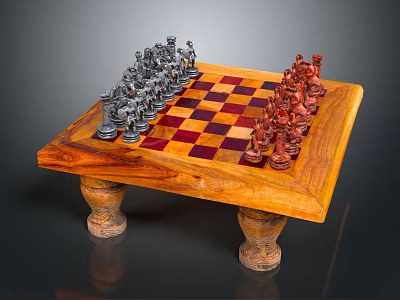 Handcrafted Wooden Chessboard with Silver and Red Chess Pieces on Carved Legs 3d model